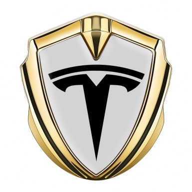 Tesla 3D Car Metal Domed Emblem Gold Light Grey Base Black Edition