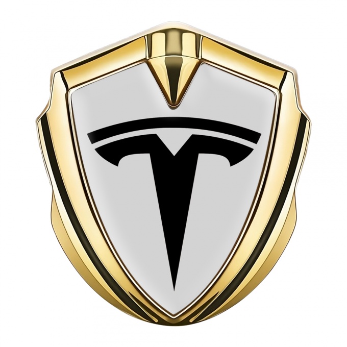 Tesla 3D Car Metal Domed Emblem Gold Light Grey Base Black Edition