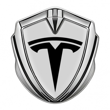 Tesla 3D Car Metal Domed Emblem Silver Light Grey Base Black Edition