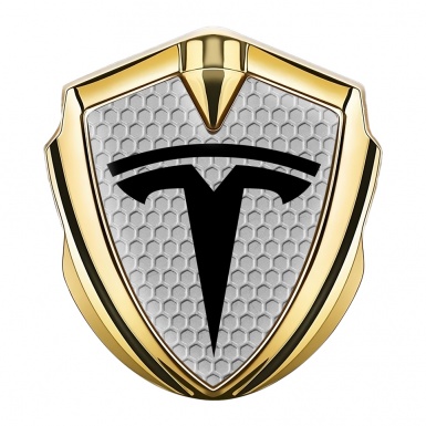 Tesla Bodyside Domed Emblem Gold Grey Honeycomb Base Black Motif