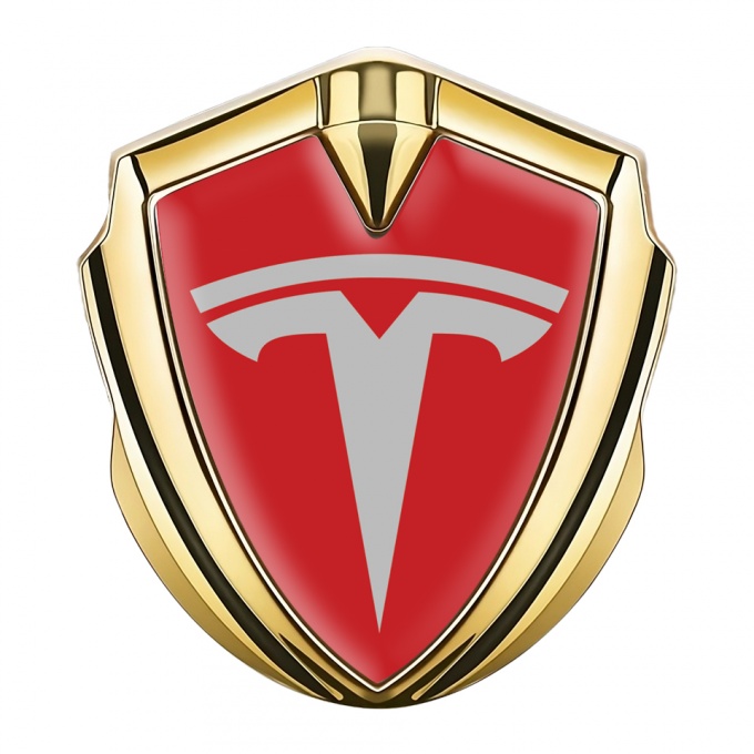 Tesla Trunk Metal Emblem Badge Gold Crimson Base Grey Logo