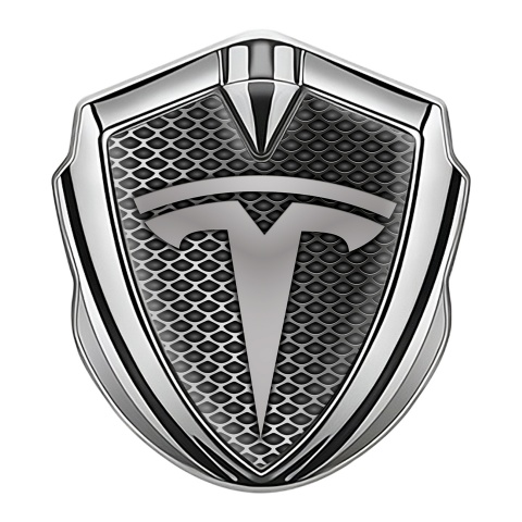 Tesla Fender Metal Domed Emblem Silver Industrial Grate Grey Gradient