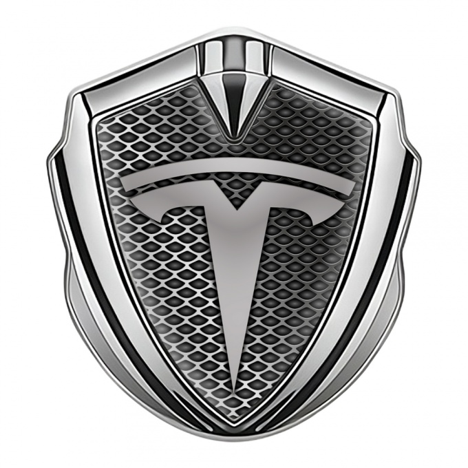 Tesla Fender Metal Domed Emblem Silver Industrial Grate Grey Gradient