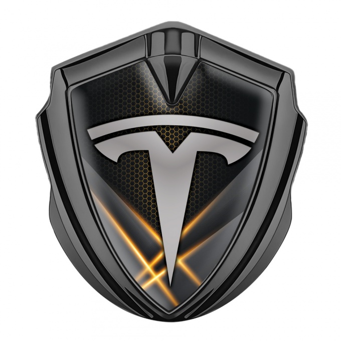 Tesla Bodyside Domed Emblem Graphite Orange Hex Glowing Beams Effect
