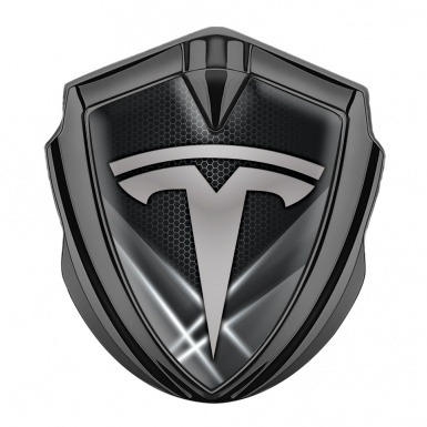 Tesla Fender Metal Domed Emblem Graphite Grey Hex Outer Glow Effect