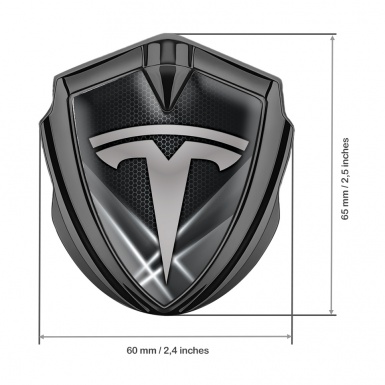Tesla Fender Metal Domed Emblem Graphite Grey Hex Outer Glow Effect