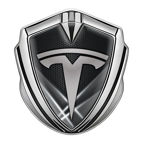 Tesla Fender Metal Domed Emblem Silver Grey Hex Outer Glow Effect