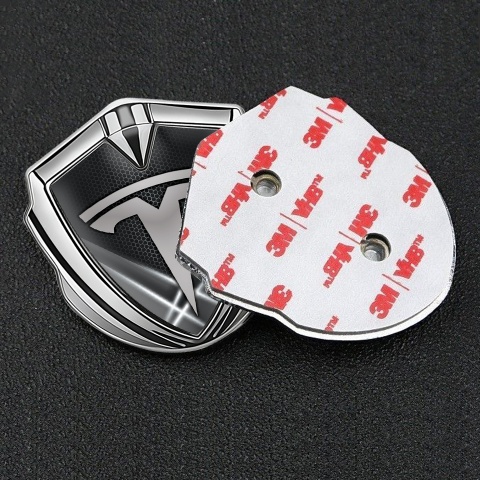 Tesla Fender Metal Domed Emblem Silver Grey Hex Outer Glow Effect