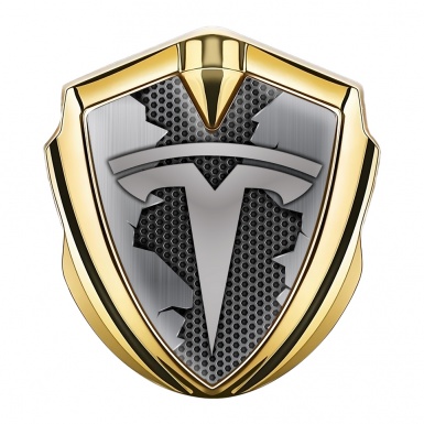 Tesla 3D Car Metal Domed Emblem Gold Honeycomb Torn Steel Edition