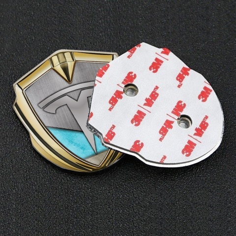 Tesla Fender Emblem Badge Gold Grey Plate Aquamarine Blue Motif