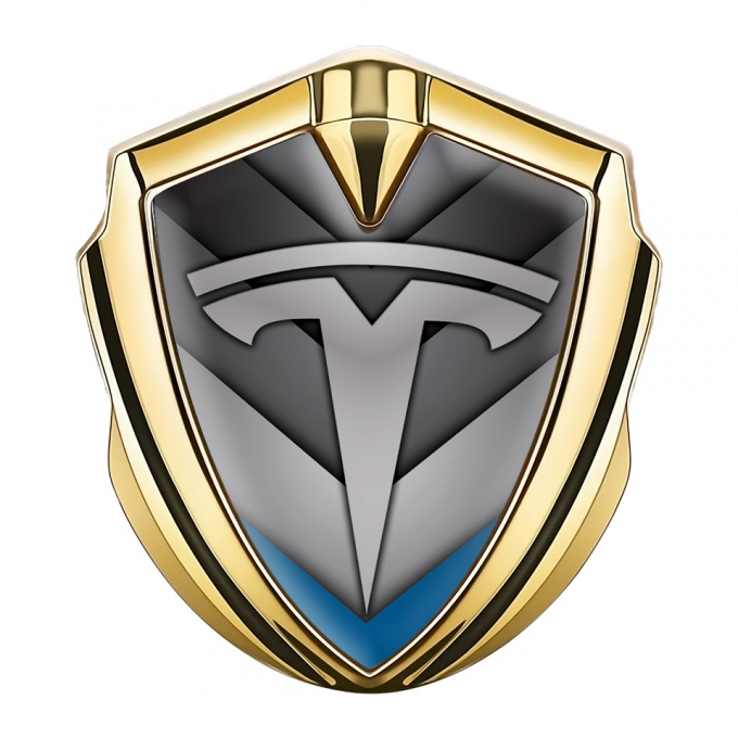 Tesla Bodyside Domed Emblem Gold Blue V Shape Effect Grey Logo