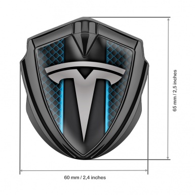 Tesla 3D Car Metal Domed Emblem Graphite Blue Grille Outer Glow Effect