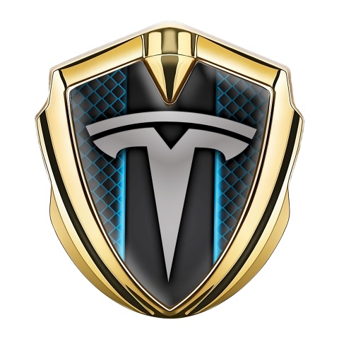 Tesla 3D Car Metal Domed Emblem Gold Blue Grille Outer Glow Effect