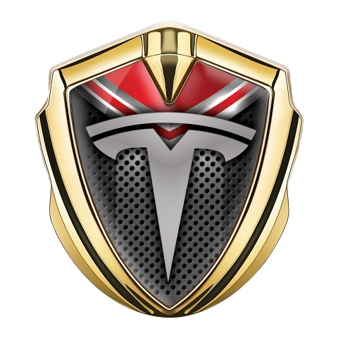 Tesla Tuning Emblem Self Adhesive Gold Dark Mesh Red Crest Design