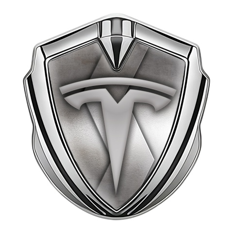 Tesla 3D Car Metal Domed Emblem Silver Curved Plate Grey Logo