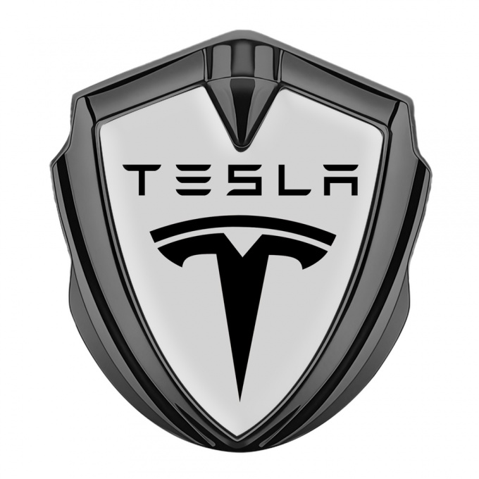 Tesla Trunk Metal Emblem Badge Graphite Grey Base Black Classic Logo