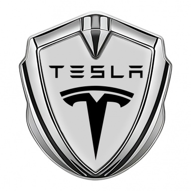 Tesla Trunk Metal Emblem Badge Silver Grey Base Black Classic Logo