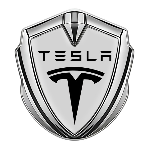 Tesla Trunk Metal Emblem Badge Silver Grey Base Black Classic Logo