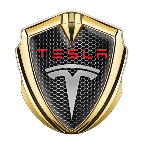 Tesla Self Adhesive Bodyside Emblem Gold Dark Grate Red Logo Variant