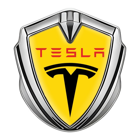 Tesla Bodyside Badge Self Adhesive Silver Yellow Base Clean Black Logo