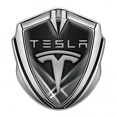 Tesla Bodyside Badge Self Adhesive Silver Grey Hex Outer Glow Effect