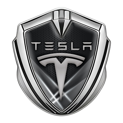 Tesla Bodyside Badge Self Adhesive Silver Grey Hex Outer Glow Effect