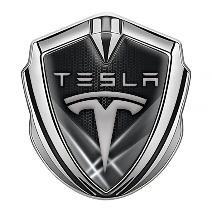 Tesla Bodyside Badge Self Adhesive Silver Grey Hex Outer Glow Effect