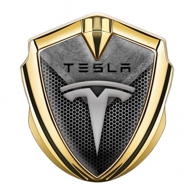 Tesla Trunk Metal Emblem Badge Gold Light Honeycomb Stone Crest Design