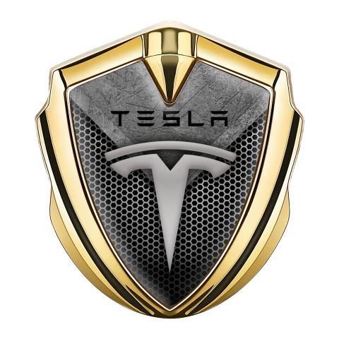 Tesla Trunk Metal Emblem Badge Gold Light Honeycomb Stone Crest Design