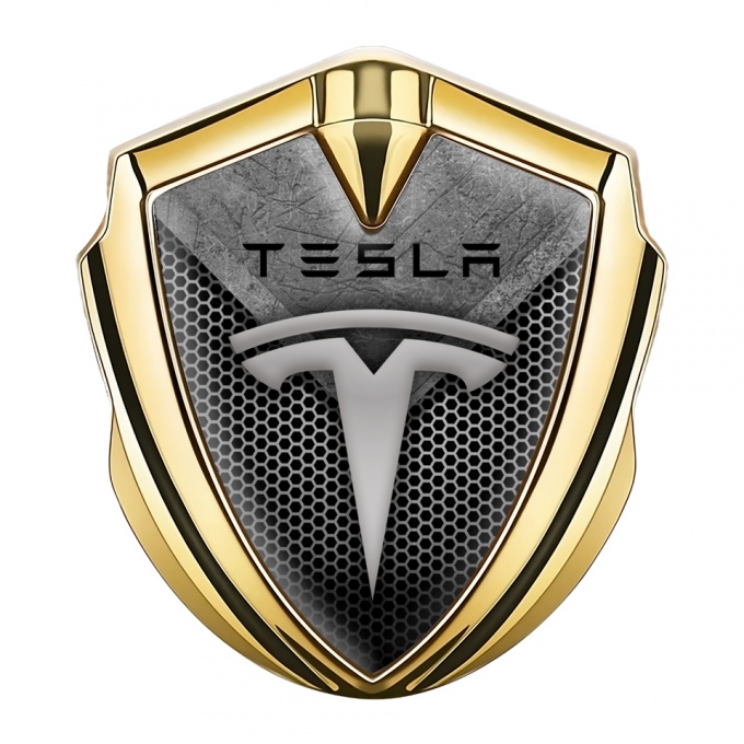 Tesla Trunk Metal Emblem Badge Gold Light Honeycomb Stone Crest Design