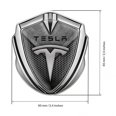 Tesla Trunk Metal Emblem Badge Silver Light Honeycomb Stone Crest Design