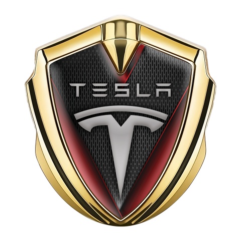 Tesla 3D Car Metal Domed Emblem Gold Dark Mesh Red Elements Motif