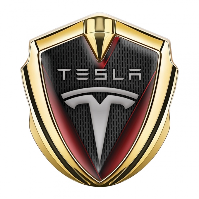 Tesla 3D Car Metal Domed Emblem Gold Dark Mesh Red Elements Motif