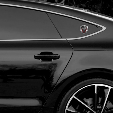 Tesla 3D Car Metal Domed Emblem Silver Dark Mesh Red Elements Motif