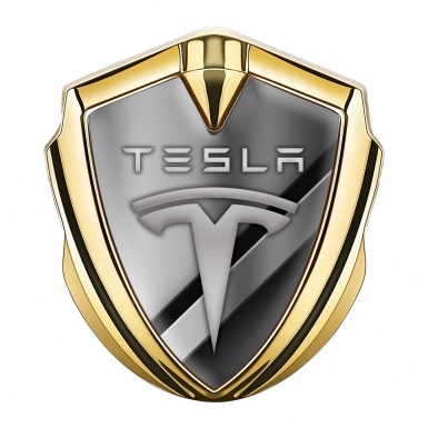 Tesla 3D Car Metal Domed Emblem Gold Metallic Slabs Gradient Motif