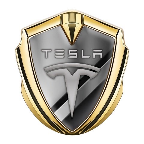 Tesla 3D Car Metal Domed Emblem Gold Metallic Slabs Gradient Motif
