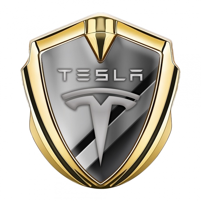 Tesla 3D Car Metal Domed Emblem Gold Metallic Slabs Gradient Motif
