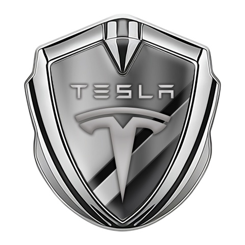 Tesla 3D Car Metal Domed Emblem Silver Metallic Slabs Gradient Motif