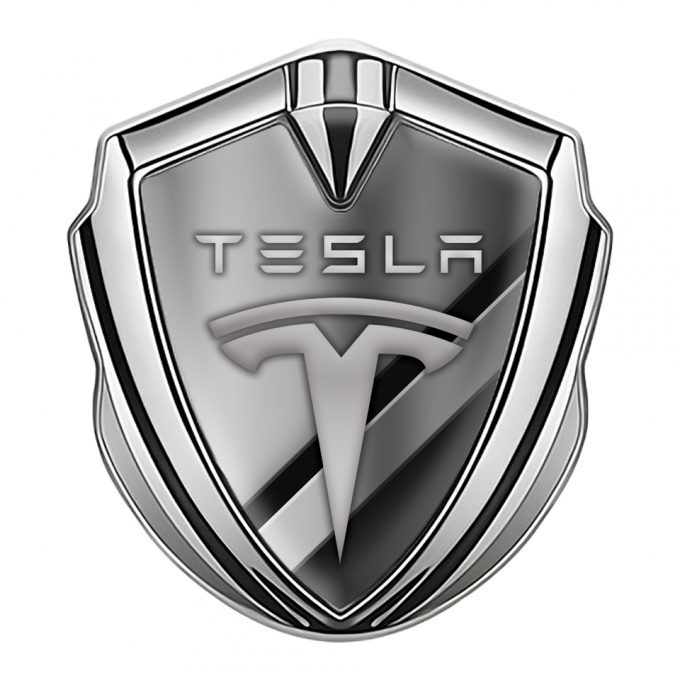 Tesla 3D Car Metal Domed Emblem Silver Metallic Slabs Gradient Motif