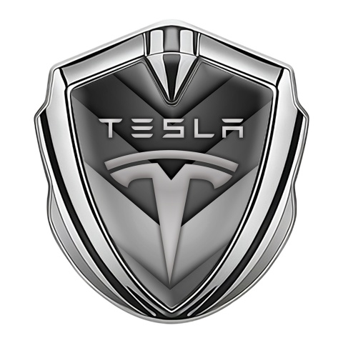 Tesla Fender Emblem Badge Silver Grey V Shaped Elements Edition