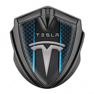 Tesla 3D Car Metal Domed Emblem Graphite Cyan Themed Grate Grey Logo