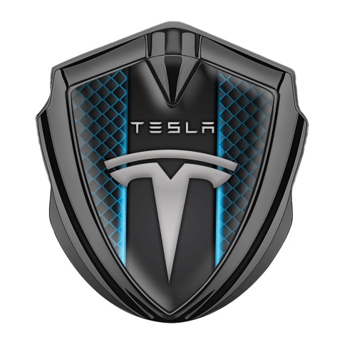 Tesla 3D Car Metal Domed Emblem Graphite Cyan Themed Grate Grey Logo