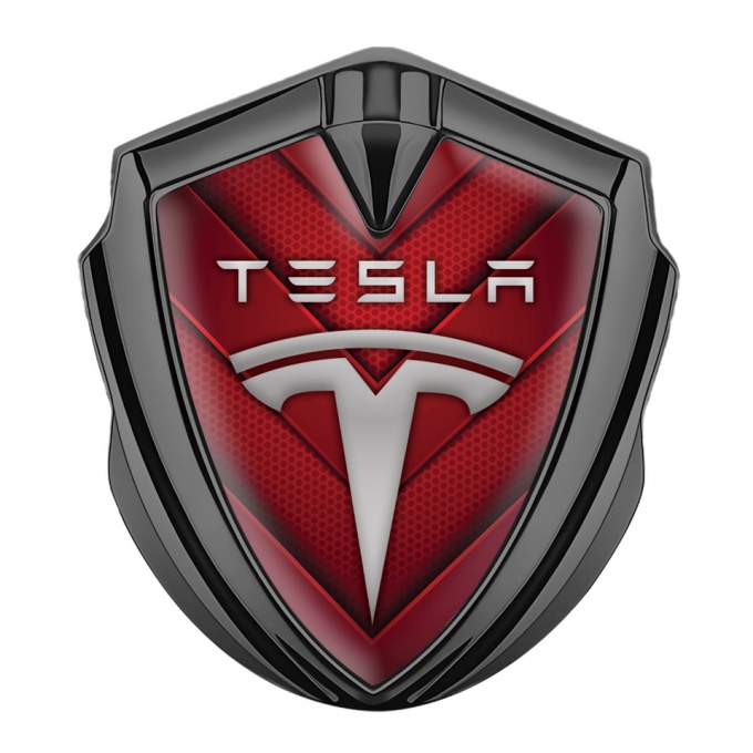 Tesla Bodyside Domed Emblem Graphite Red Hex V Shaped Elements Edition