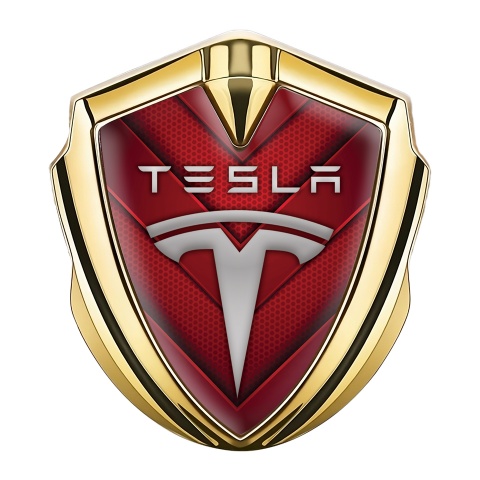 Tesla Bodyside Domed Emblem Gold Red Hex V Shaped Elements Edition