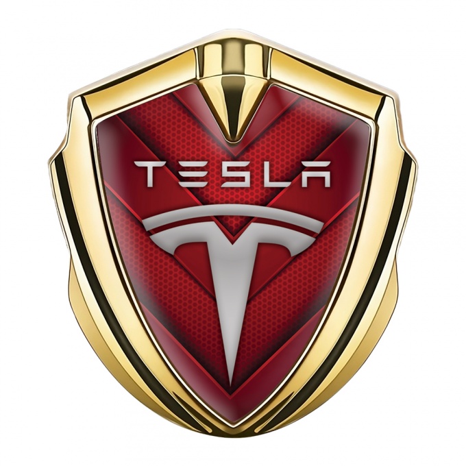 Tesla Bodyside Domed Emblem Gold Red Hex V Shaped Elements Edition