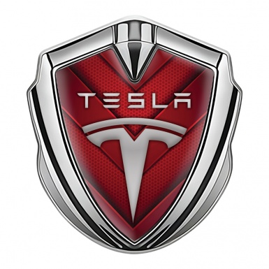 Tesla Bodyside Domed Emblem Silver Red Hex V Shaped Elements Edition