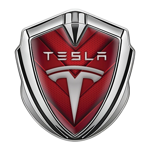 Tesla Bodyside Domed Emblem Silver Red Hex V Shaped Elements Edition