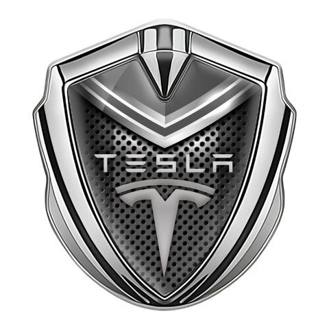 Tesla Bodyside Badge Self Adhesive Silver Metal Grate Grey Crest Design