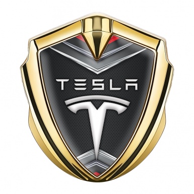Tesla 3D Car Metal Domed Emblem Gold Fine Metal Mesh Chrome Elements
