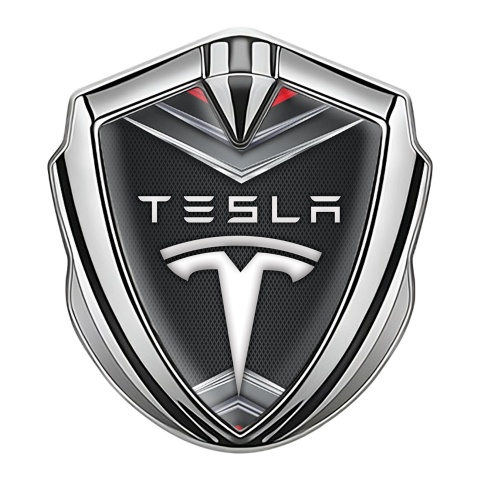Tesla 3D Car Metal Domed Emblem Silver Fine Metal Mesh Chrome Elements